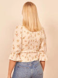Rarove Summer Women Shirt Ladies Half Sleeves Floral Print Square Collar Elastic Crop Top Vintage Ladies Blouse