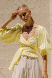 Rarove Summer Women Blouse Yellow Half Sleeves Sashes Cotton Casual Square Collar Ruffles Cute Elastic Ladies Shirt