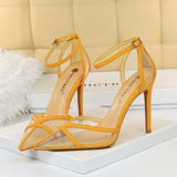 2022 Women's 10cm High Heels Yellow Sandals Lady Stripper Mesh Nude Strap Sandles Wedding Bridal Luxury Prom Sexy Pleaser Shoes