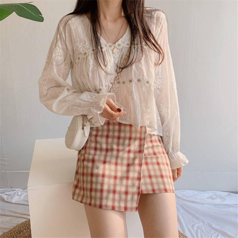 Rarove 2023 White Blouse Spring Hollow V-Neck Blouse Women Fashion Flower Loose Ladies Shirt Korean Sweet Long Sleeve Blusas Mujer