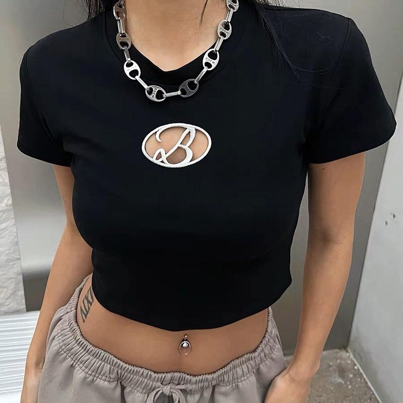 Rarove Summer Embroidery Hollow Out Letter Crop Top Women Slim Short Sleeve Y2K T-Shirts Girls Tees T Shirts