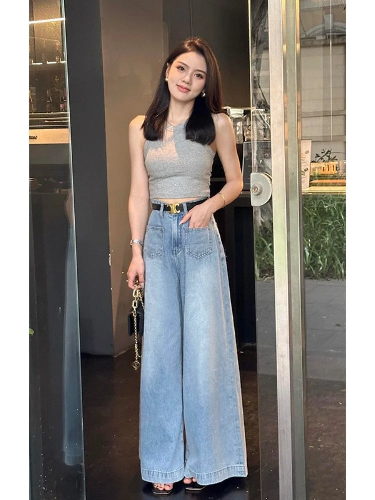 Rarove Summer Wide Leg Pants Women High-waisted Straight-leg Jeans Loose Thin Big Flared Pants Baggy Jeans Women Blue Jeans for Women