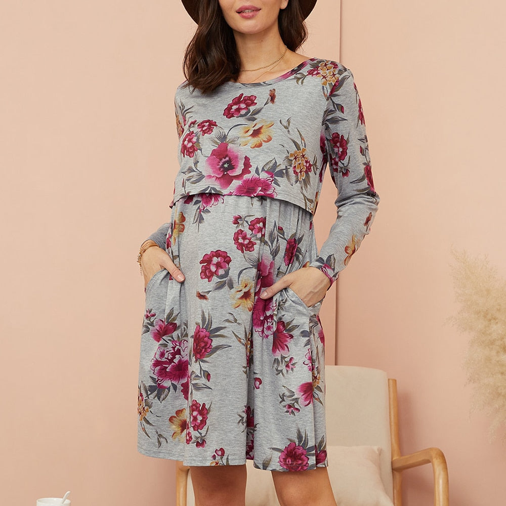 Rarove 2022 New Arrivalmaternity Round Collar Floral Full Print Knee Length A Long-Sleeve Nursing Dress