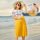Rarove New Arrival Maternity Round Collar Color Block Color Block Yellow Midi H Short-Sleeve Nursing Dress