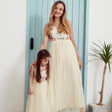 Rarove New Summer Embroidered Mesh Stitching Sling Dresses For Mommy And Me Floral Embroidered Matching Apricot Sling Maxi Dress