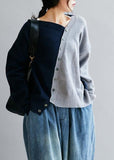 Rarove-Vintage blue clothes v neck patchwork Loose fitting fall sweaters