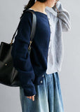 Rarove-Vintage blue clothes v neck patchwork Loose fitting fall sweaters