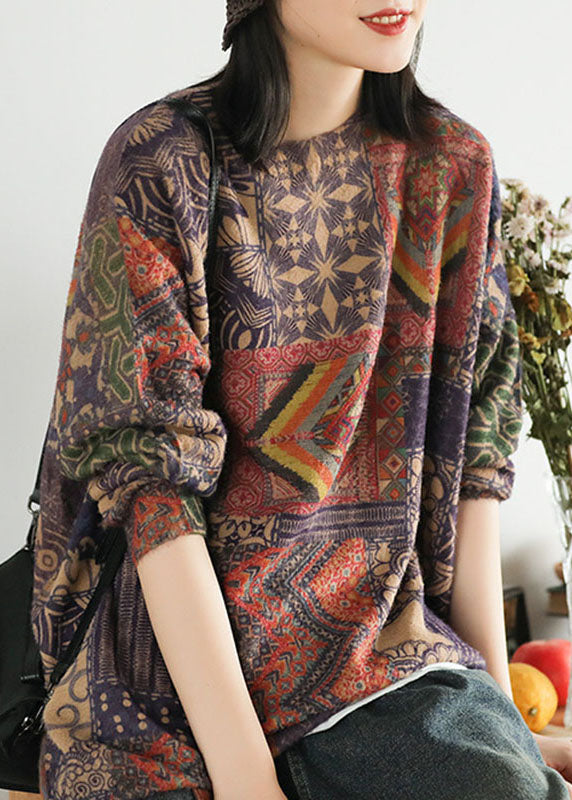 Rarove-Women Geometric pattern Loose O-Neck Print Oriental Fall Knit Sweater