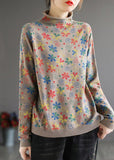 Rarove-Women Khaki Print Sweater Tops High Neck Plus Size Spring Knitwear