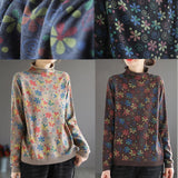 Rarove-Women Khaki Print Sweater Tops High Neck Plus Size Spring Knitwear