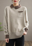 Rarove-Women Nude Knit Tops Clothing Lapel Patchwork Knit Top Silhouette