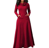 Rarove Women Warm Dress With Pocket Casual Solid Vintage Autumn Winter Maxi Dress Robe Bow Neck Long Elegant Dress