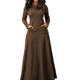 Rarove Women Warm Dress With Pocket Casual Solid Vintage Autumn Winter Maxi Dress Robe Bow Neck Long Elegant Dress