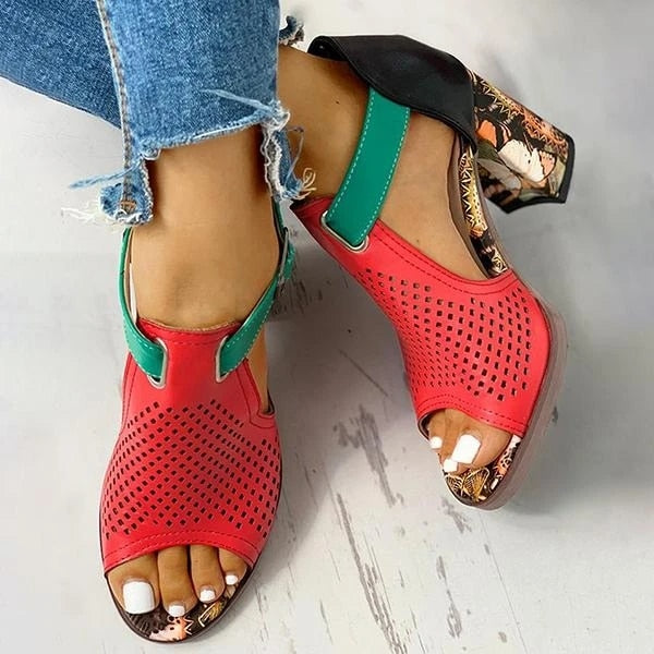Women's Sandals Female High Heels Zapatos De Mujer 2022 Peep Toe Summer Ladies Shoes PU Buckle Cover Heel Hollow Out Breathable