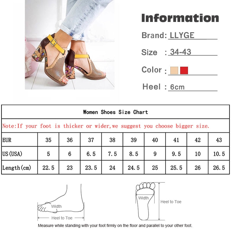 Women's Sandals Female High Heels Zapatos De Mujer 2022 Peep Toe Summer Ladies Shoes PU Buckle Cover Heel Hollow Out Breathable