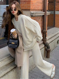 Rarove-Casual Loose Solid Color Round-Neck Sweater Tops & Wide Leg Pants Suits