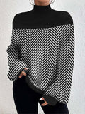 Rarove-Long Sleeves Loose Split-Joint Striped High Neck Knitwear Pullovers Sweater Tops