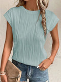 RAROVE-European and American women's clothing, minimalist style, casual fashion Textured Round Neck Cap Sleeve T-Shirt