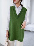 Rarove-Trendy Sleeveless Split-Side Solid Color V-Neck Knitted Vest