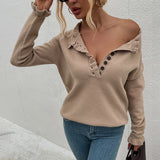 Rarove-Women's Sweater Lotus Hem Front Button V-Neck Long Sleeve Sweater