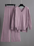 Rarove-Stylish Loose Long Sleeves Solid Color V-Neck Sweater Tops& Wide Leg Pants Two Pieces Set