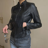 RAROVE-Collar Neck Zip Up Slim Moto Leather Jacket