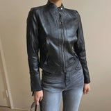 RAROVE-Collar Neck Zip Up Slim Moto Leather Jacket