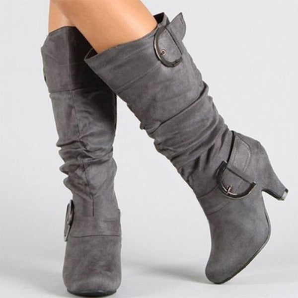 Rarove- Grey Fashion Casual Solid Color Pointed Keep Warm High Boots