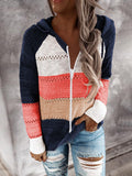 Rarove-Women's Cardigan Mixed Color Hollow Zipper Colorblock Long Sleeve Sweater Cardigan
