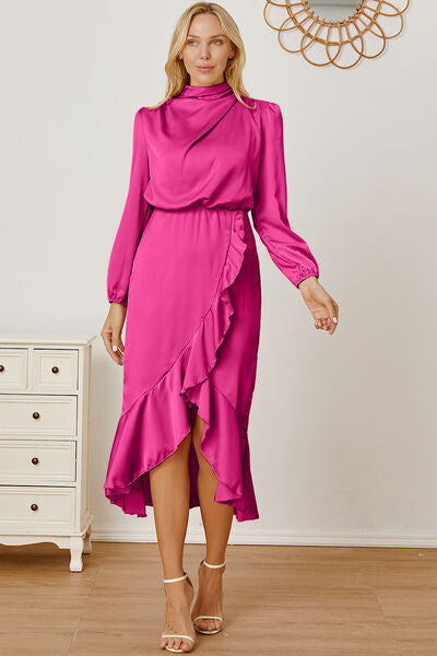 RAROVE-European and American women's clothing, minimalist style, casual fashion Mock Neck Ruffled Asymmetrical Dress