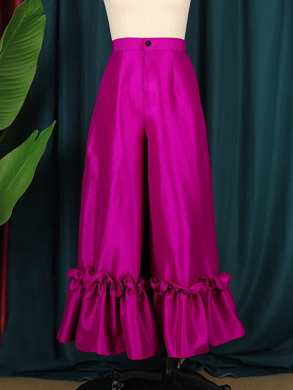 Rarove-Loose Wide Leg Buttoned Falbala High-Waisted Solid Color Flared Trousers Pants