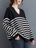 Rarove-Artistic Retro Casual Loose Striped V-Neck Long Sleeves Knitted Sweater