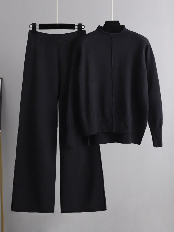 Rarove-Stylish High-Low Long Sleeves Split-Side Solid Half Turtleneck Sweater Tops & Wide Leg Pants Two Pieces Set