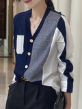 Rarove-Original Loose Irregular Split-Joint Buttoned V-Neck Long Sleeves Sweater Blouse