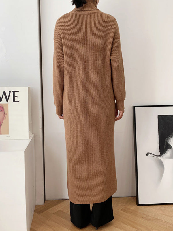 Rarove-Original Loose Solid Color Split-Front Sweater Dress