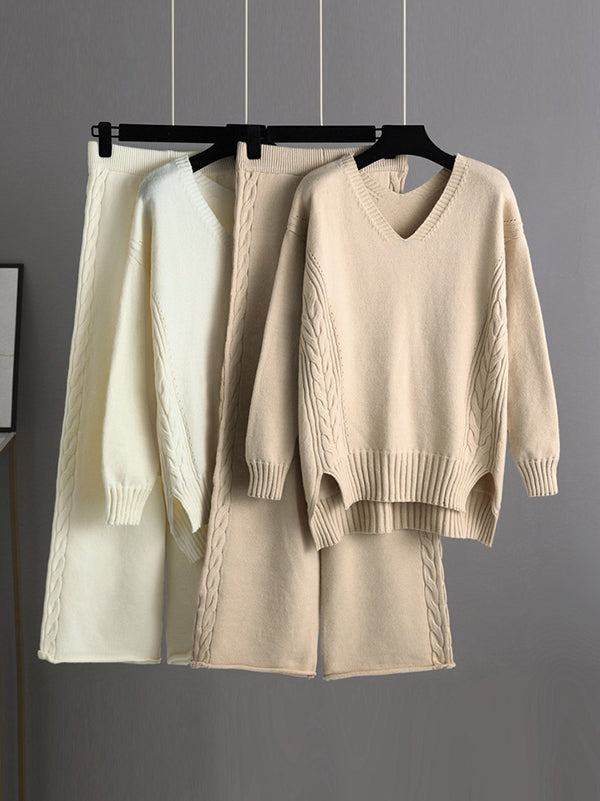 Rarove-Stylish Loose Long Sleeves Solid Color V-Neck Sweater Tops& Wide Leg Pants Two Pieces Set