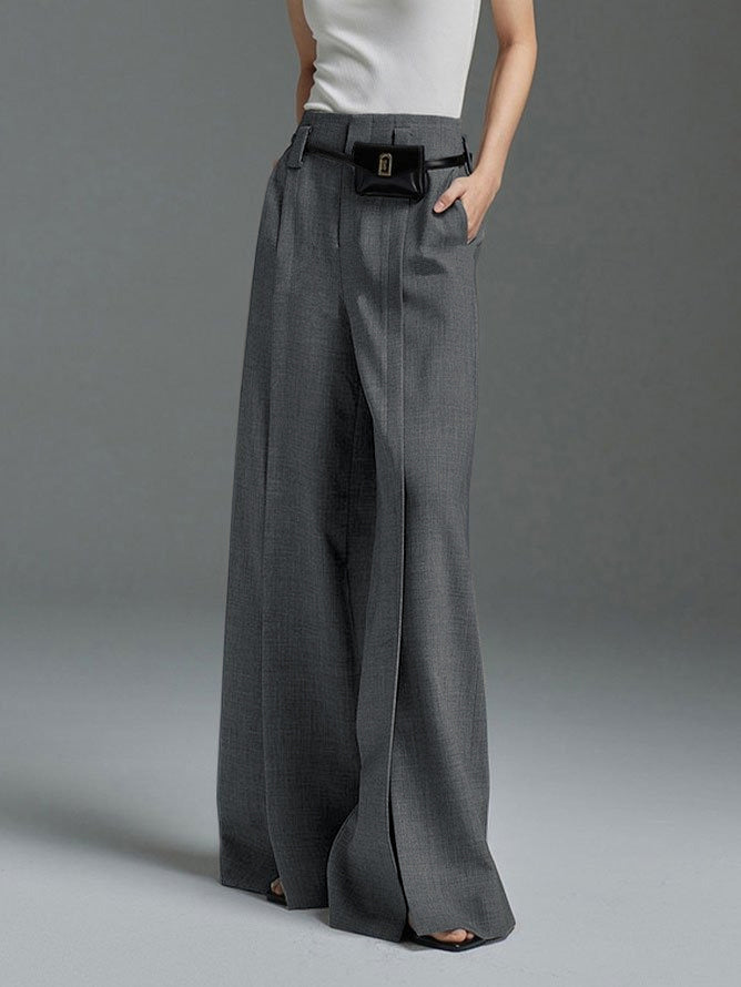 Rarove-Loose Wide Leg High-Waisted Pleated Split-Front Pants Trousers