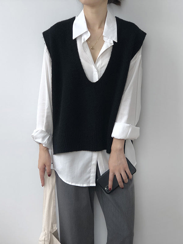 Rarove-Knitting Irregularity Solid V-Neck Vest