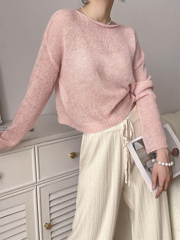 Rarove-Gentle Mohair Knitted Loose Long Sleeves Solid Color Thin Sweater Tops