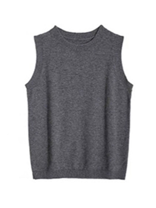 Rarove-Urban Loose Solid Round-Neck Vest Top& V-Neck Sweater Tops& Wide Leg Pants Three-Piece Set