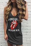 RAROVE-Women's Spring and Summer Outfits, Casual and Fashionable Lip Print Rolling Stones Blue Mini Dress