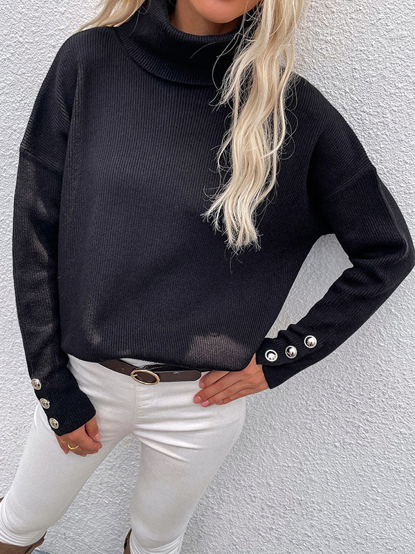 Rarove-Casual Loose Solid Color High-Neck Long Sleeves Knitwear