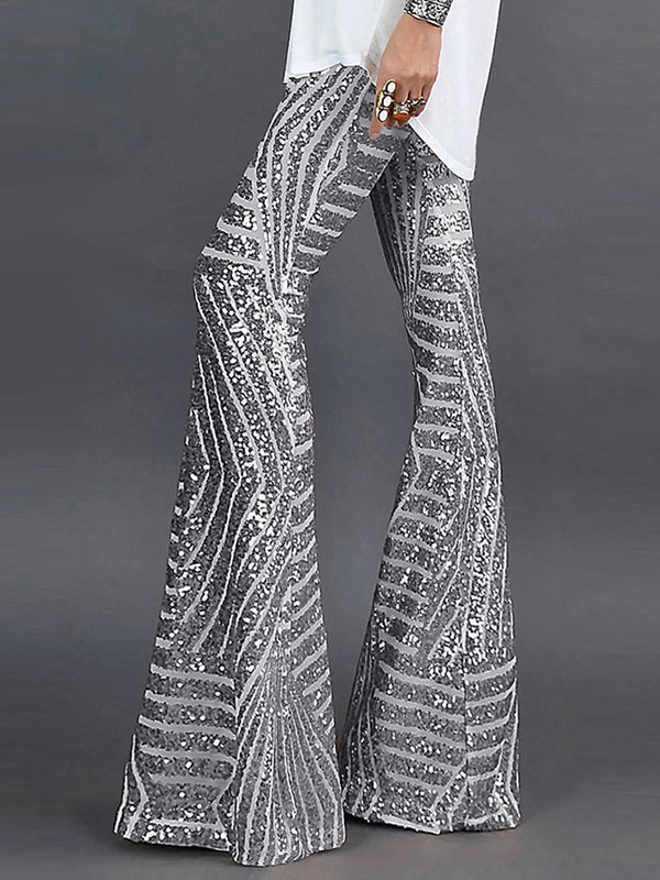 Rarove-Flared Pants High Waisted Contrast Color Striped Sequined Pants