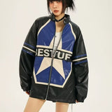 RAROVE-Vintage Contrast Color Star Leather Loose Jacket