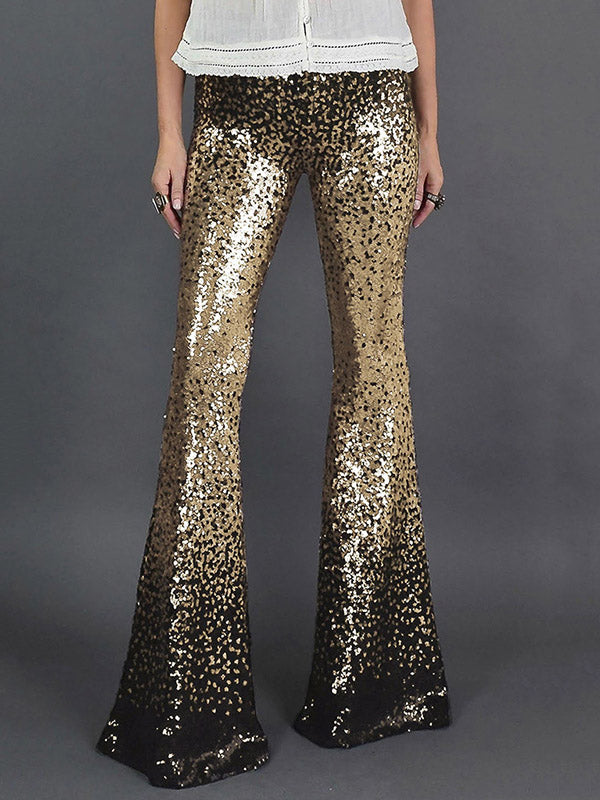 Rarove-Flared Pants Skinny Leg Contrast Color Gradient Sequined Shiny Pants Bottoms