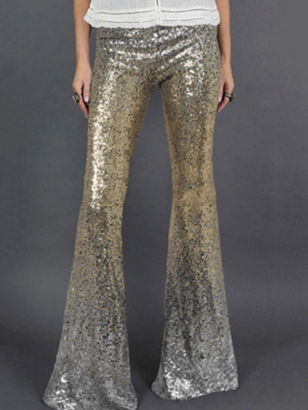Rarove-Flared Pants Skinny Leg Contrast Color Gradient Sequined Shiny Pants Bottoms