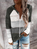 Rarove-Women's Cardigan Mixed Color Hollow Zipper Colorblock Long Sleeve Sweater Cardigan