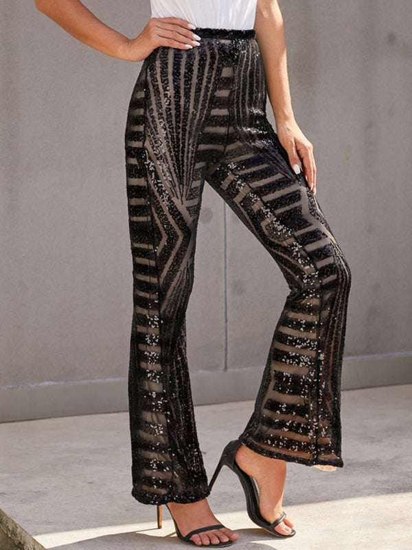 Rarove-Flared Pants High Waisted Contrast Color Striped Sequined Pants