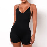 Solid Women Strap Playsuit V Neck Backless Bodycon Skinny Sporty Casual Sexy Streetwear 2022 Summer Clothes Combishort