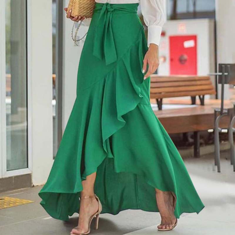 Elegant Maxi Skirt For Women High Waist Belted Casual Loose Party Fishtail Skirts Fashion Ruffles Long Skirts